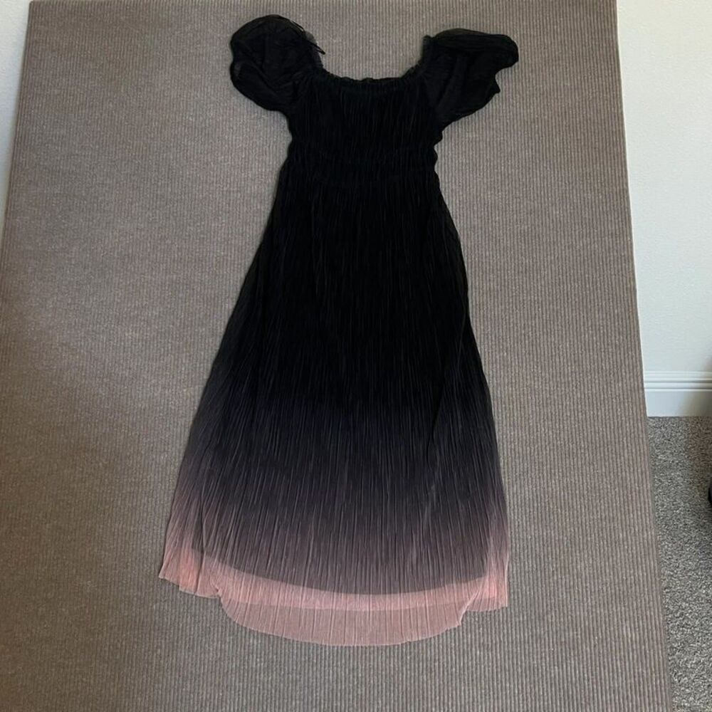 Free People Ombre Pleated Midi Dress S Black Pink Puff Sleeve Sheer Lined